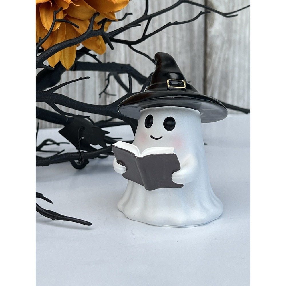 Cute Halloween Ghost Reading Statue, Wearing a Witch Hat 4 in New